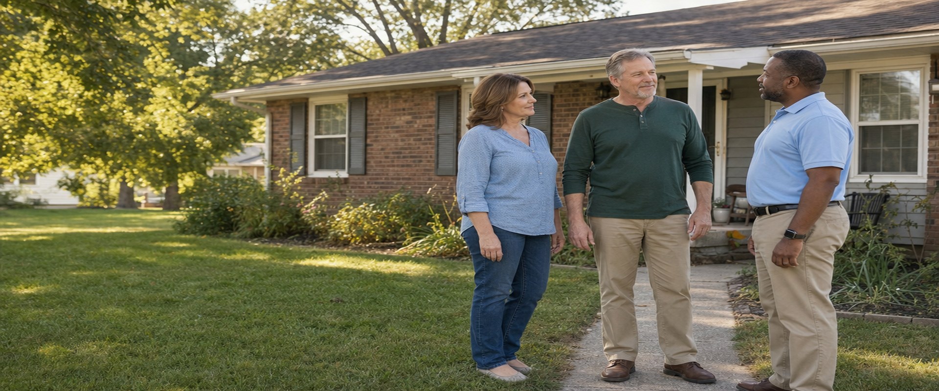 Homeowner couple talking with a cash home buyer outside their brick ranch house