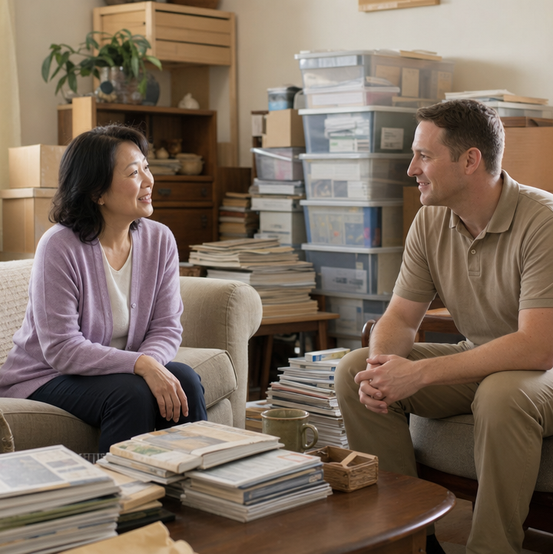 Homeowner talking with a cash home buyer in her living room among moving boxes