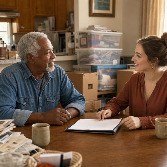 Homeowner reviewing paperwork at his kitchen table with a cash home buyer