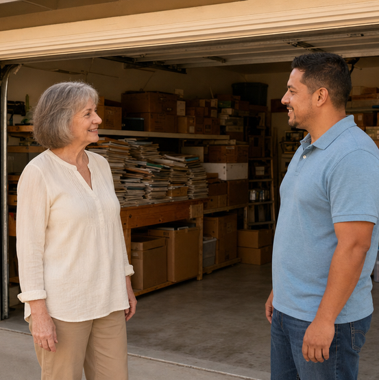 Homeowner talking with a cash home buyer in her open garage