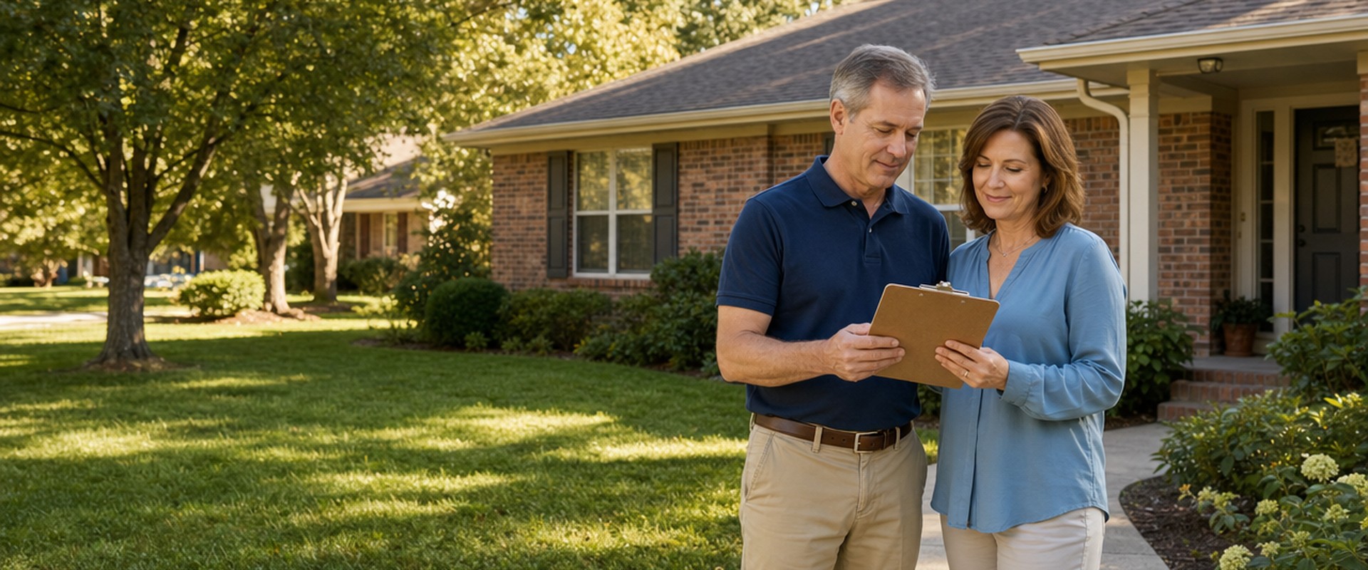 Homeowner couple reviewing a home selling checklist on a clipboard outside their brick house