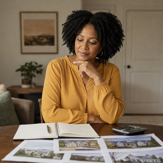 Homeowner reviewing home listings at her dining table while deciding how to sell