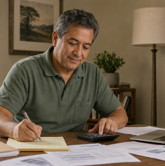 Homeowner going over his finances with a calculator before selling his house