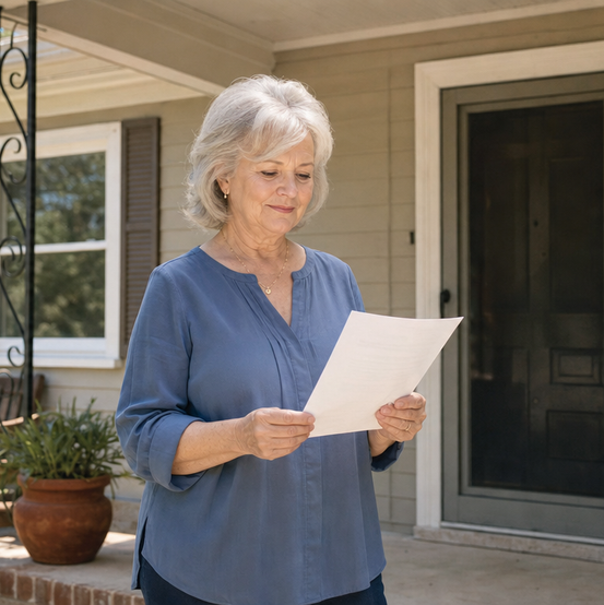 Homeowner reading over a cash offer on her front porch