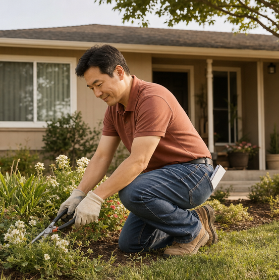 Homeowner trimming the landscaping in front of his house before listing it