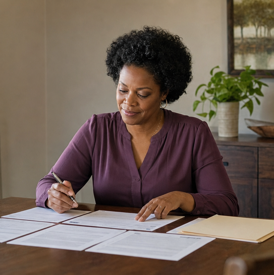 Homeowner reviewing her purchase contract paperwork at the dining table