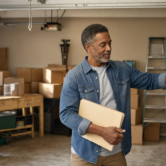 Homeowner carrying paperwork through a garage full of packed moving boxes