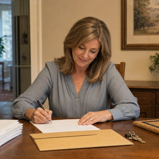 Homeowner signing closing documents at a table with house keys beside her