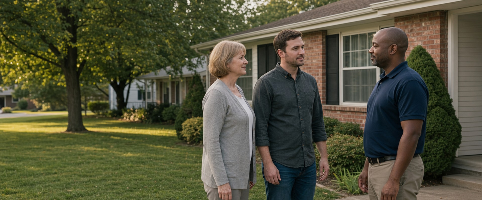 Mother and adult son talking with a cash home buyer outside an inherited brick house