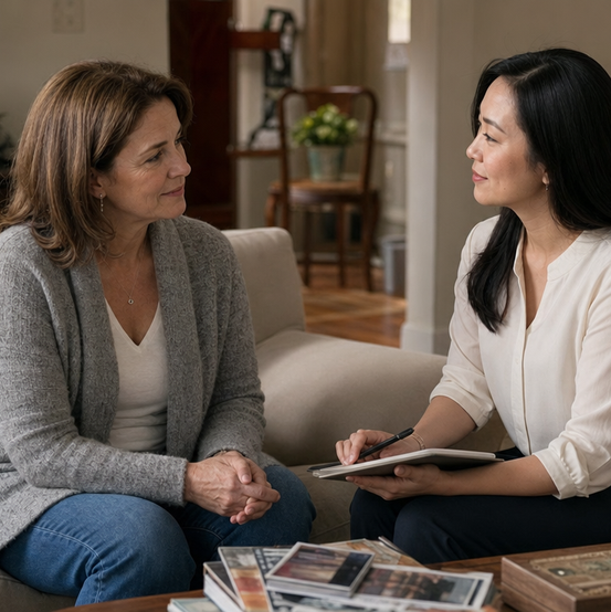 Homeowner talking with a cash home buyer in a family living room