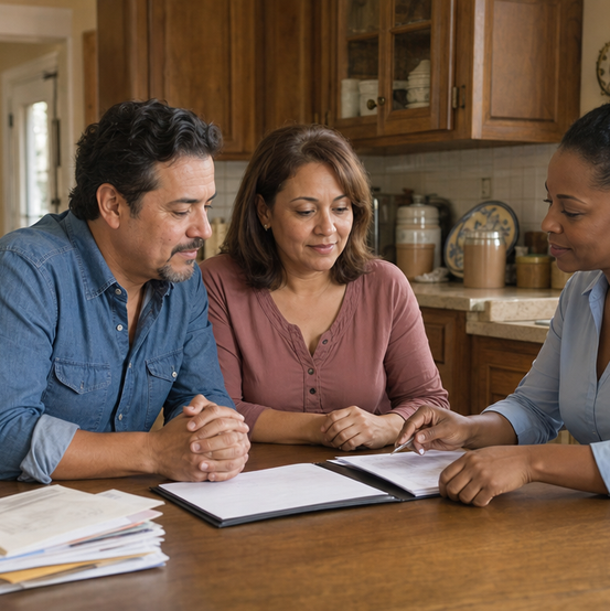 Family reviewing paperwork at the kitchen table with a cash home buyer