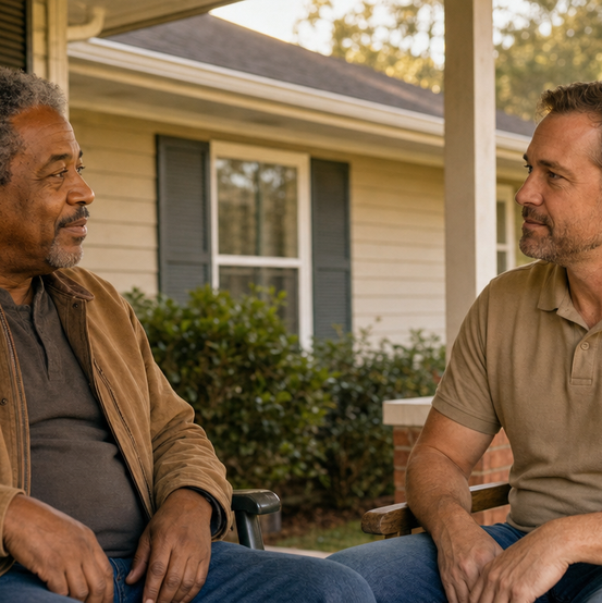 Homeowner talking with a cash home buyer on the front porch