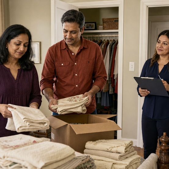 Family sorting and boxing belongings in an inherited house while a cash home buyer takes notes