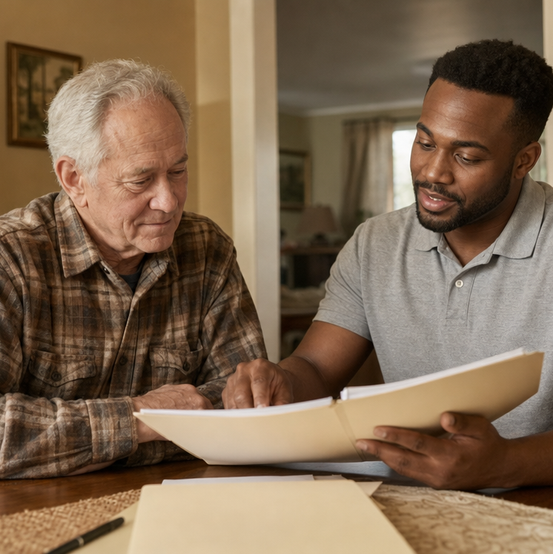 Homeowner reviewing estate paperwork with a cash home buyer