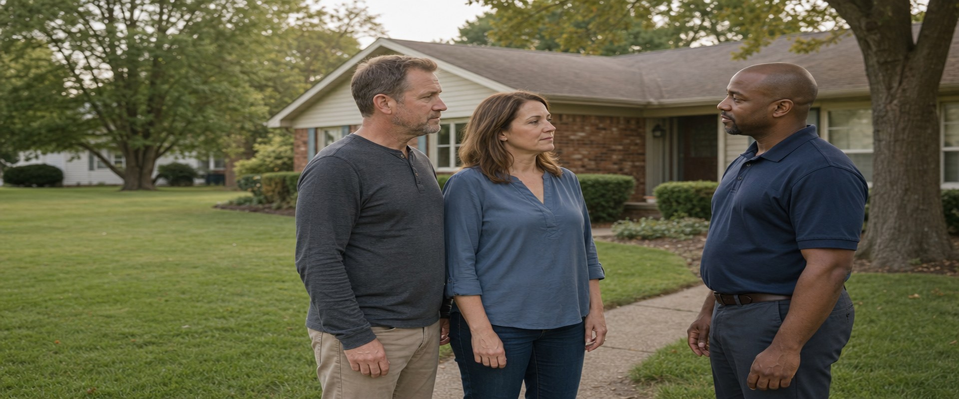 Homeowner couple talking with a cash home buyer in front of their brick ranch house