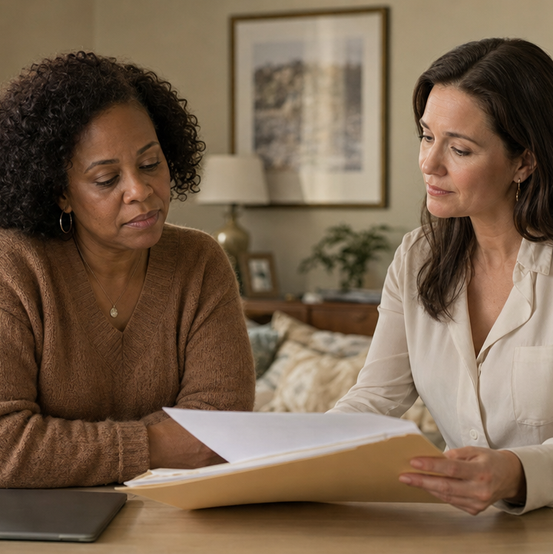 Homeowner reviewing documents in her living room with a cash home buyer