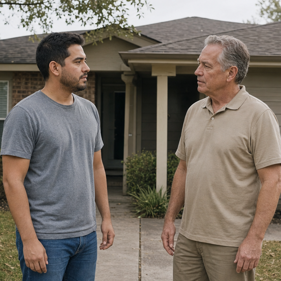 Homeowner talking with a cash home buyer outside his house