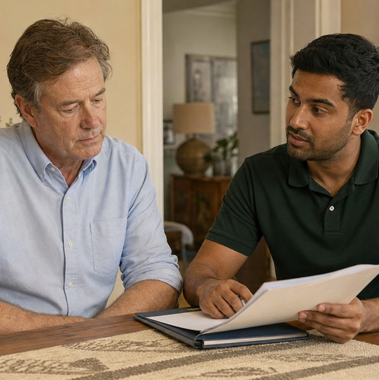 Homeowner reviewing an offer at his dining table with a cash home buyer