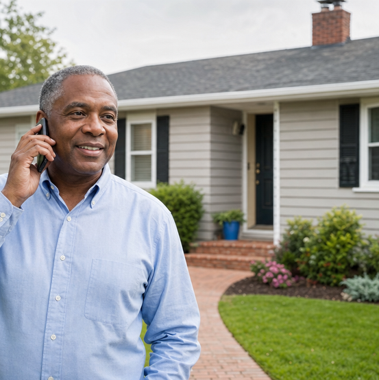 Homeowner on the phone outside his house, calling to request a cash offer