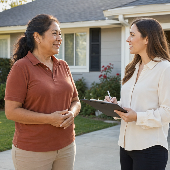Homeowner talking with a SellMyHouse.co buyer holding a clipboard outside her house