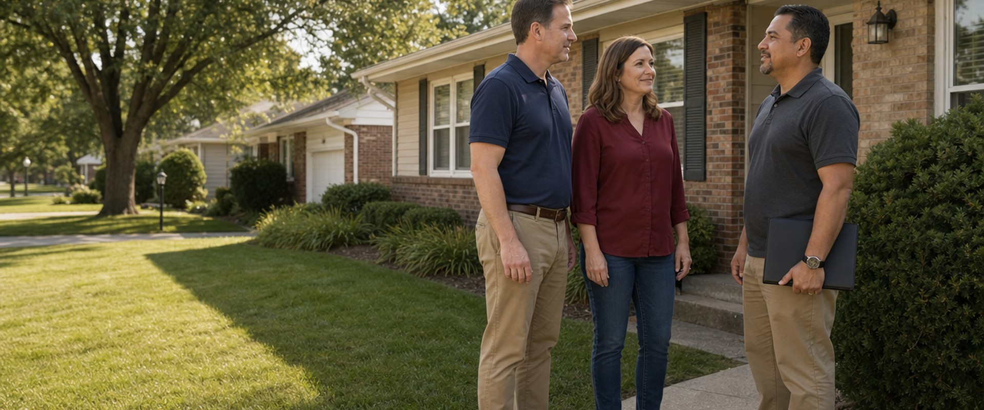 Homeowner couple talking with a cash home buyer in front of their brick house