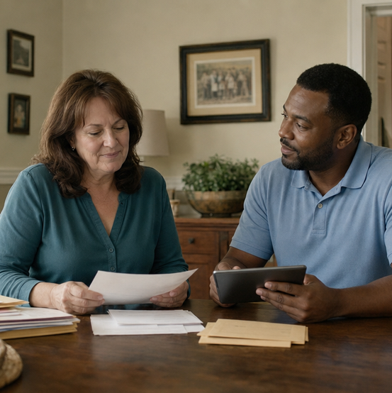 Homeowner reviewing bills and paperwork with a cash home buyer at her dining table