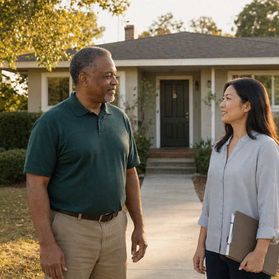 Homeowner talking with a cash home buyer outside his house