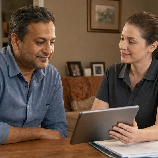 Homeowner going over an offer on a tablet with a cash home buyer