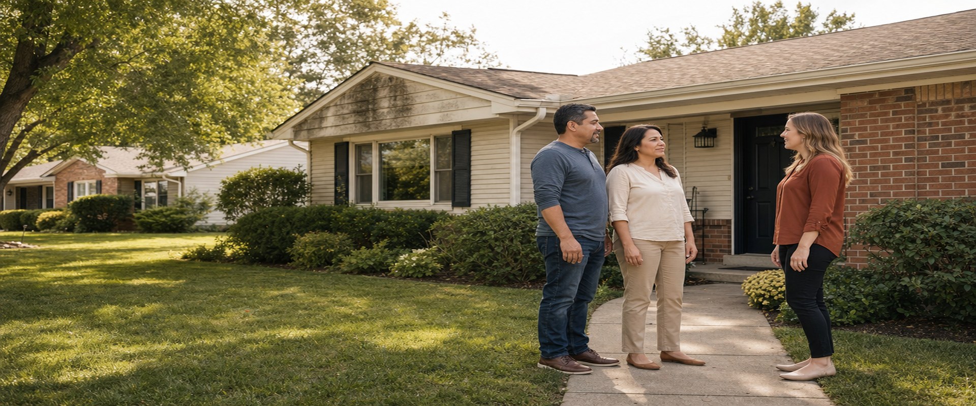 Homeowner couple talking with a cash home buyer outside a house with mold stains on the siding