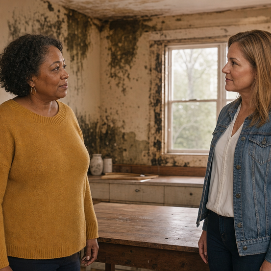 Homeowner talking with a cash home buyer in a kitchen with mold on the walls