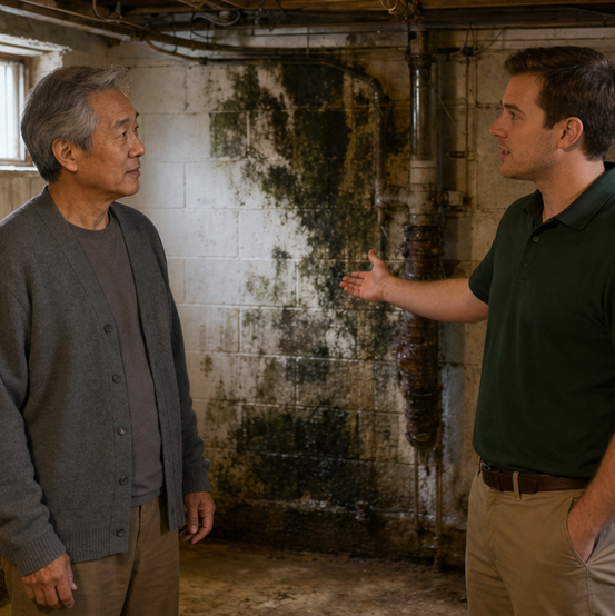 Homeowner showing a cash home buyer mold on a basement wall