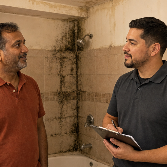 Homeowner showing a cash home buyer a moldy shower while the buyer takes notes