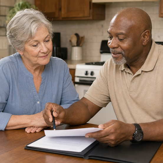Homeowner reviewing a cash offer with a cash home buyer at her kitchen table