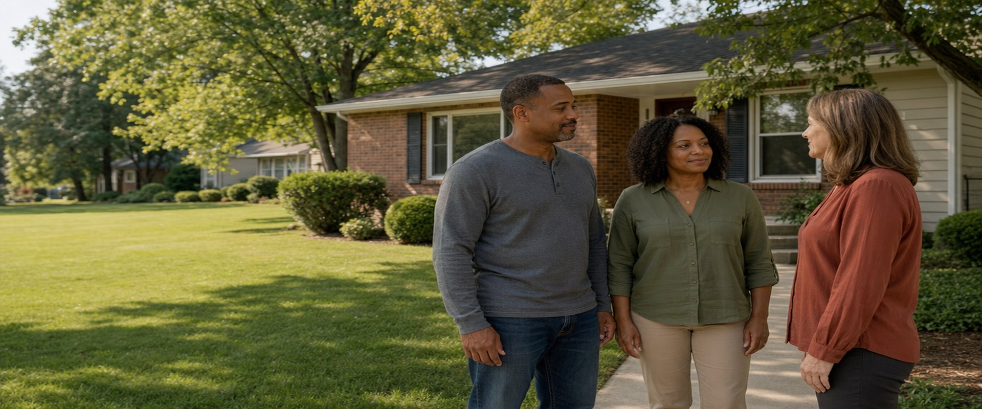 Homeowner couple talking with a cash home buyer in front of their brick house