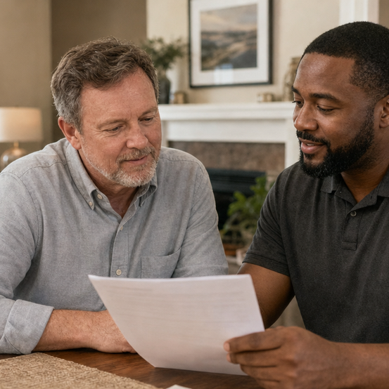 Homeowner reviewing a document with a cash home buyer in his living room