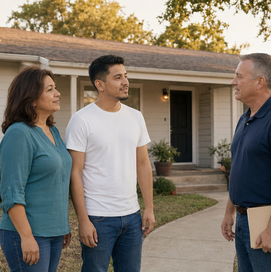 Homeowner and her son talking with a cash home buyer outside their house