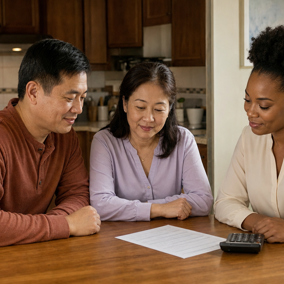 Homeowner couple reviewing numbers with a cash home buyer at their kitchen table