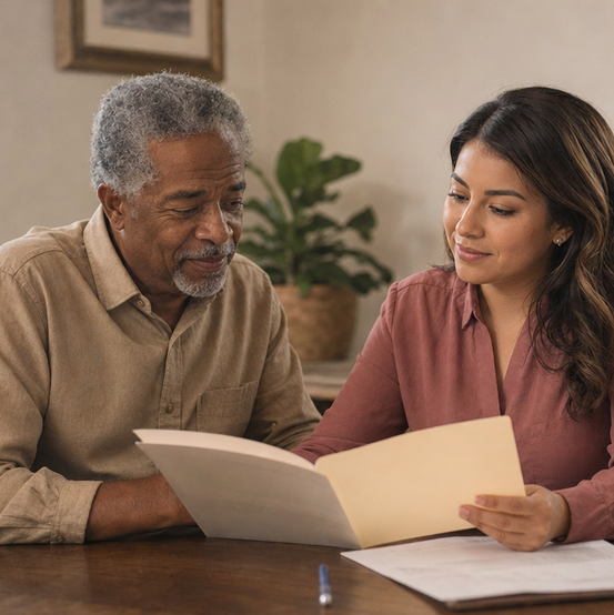 Homeowner going over paperwork with a cash home buyer at his dining table