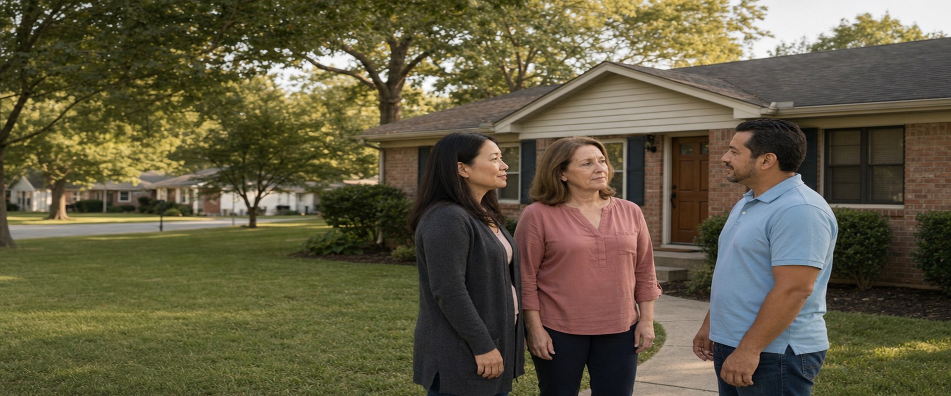 Two family members talking with a cash home buyer outside a brick ranch house