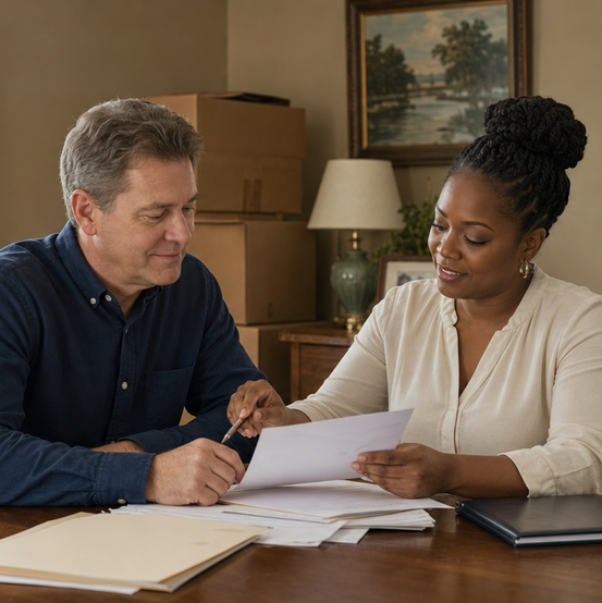 Executor reviewing estate paperwork with a cash home buyer
