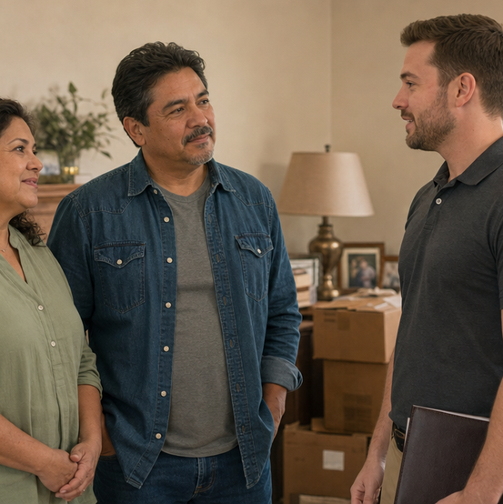 Couple talking with a cash home buyer in a living room with moving boxes