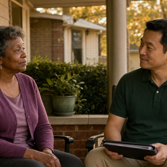 Homeowner talking with a cash home buyer on the front porch