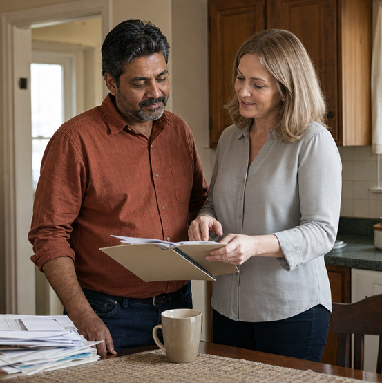 Homeowner and cash home buyer reviewing documents in the kitchen