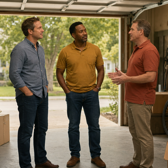 Family members talking with a cash home buyer in an open garage