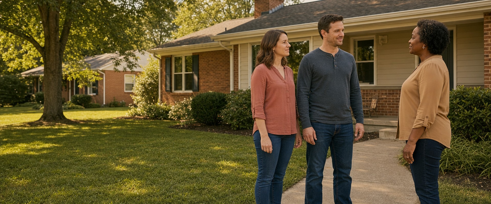 Homeowner couple talking with a cash home buyer outside their brick house before relocating