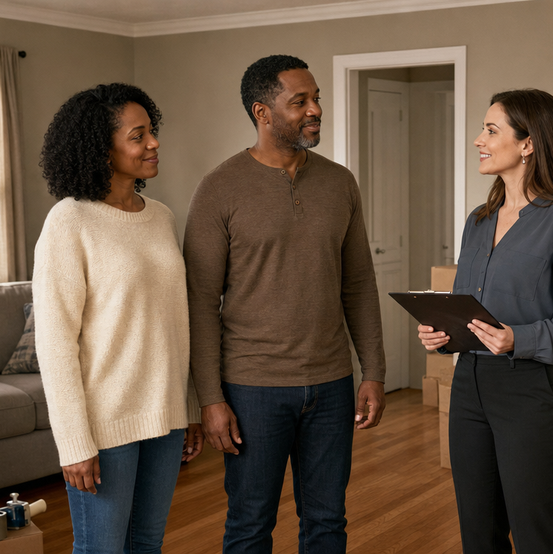Homeowner couple walking through their living room with a cash home buyer taking notes