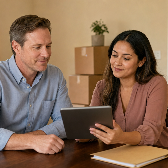 Homeowner couple reviewing a cash offer on a tablet among moving boxes