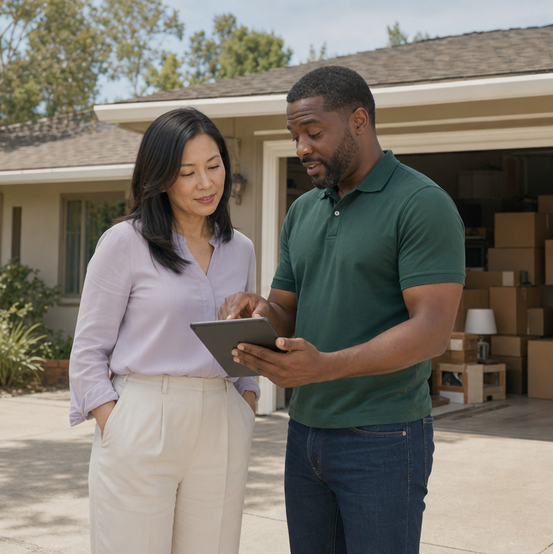 Homeowner reviewing a cash offer on a tablet with a cash home buyer in her driveway among moving boxes