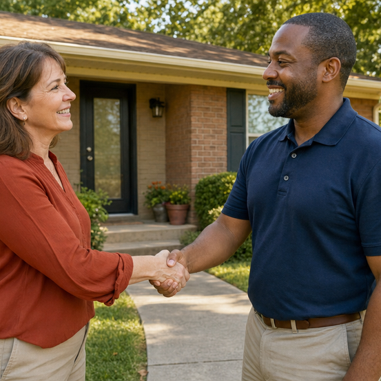 Homeowner shaking hands with a SellMyHouse.co buyer outside her brick home after accepting a cash offer