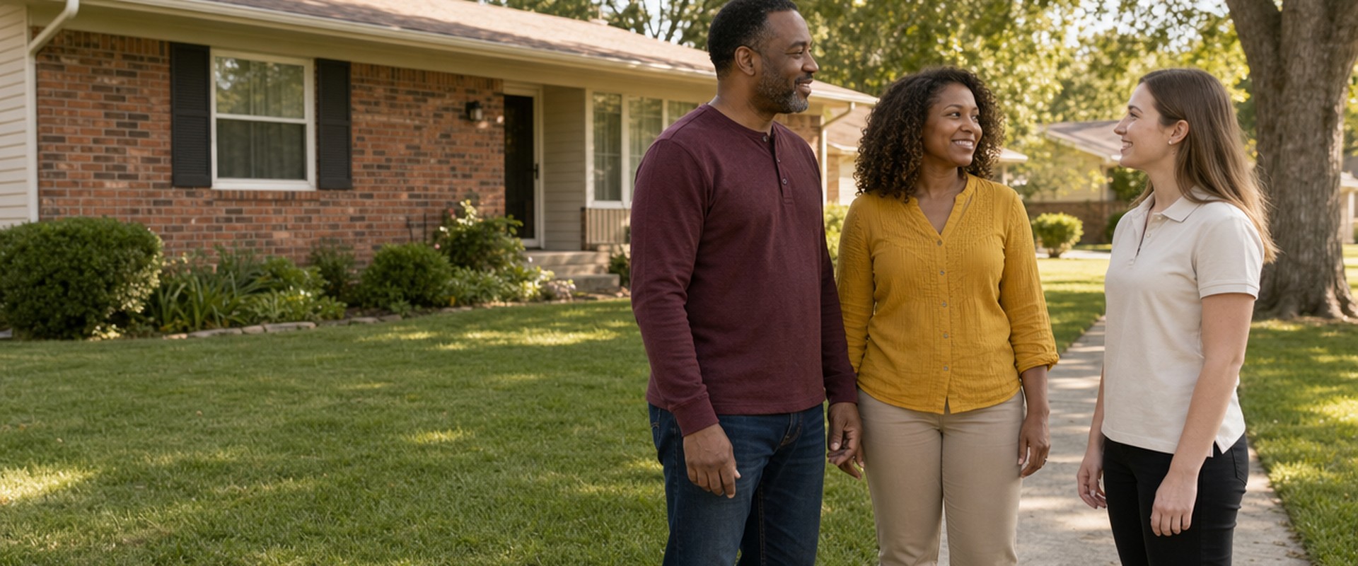 Homeowner couple talking with a local cash home buyer outside their brick house